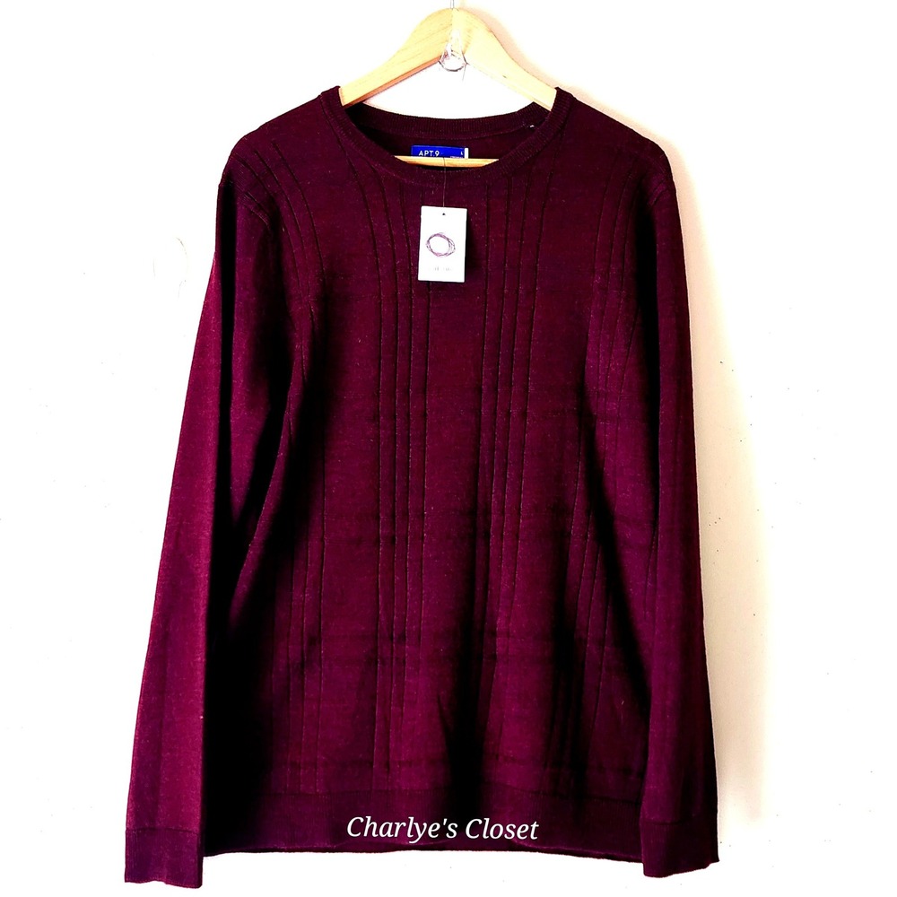 Apt 9 Mens Merino Wool Sweater L NWT Burgundy Crew Neck Casual Basic Layer